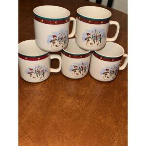 Set Of 5 Royal Seasons Stoneware Snowman Print Coffee Mugs Dishwasher & Microwav
